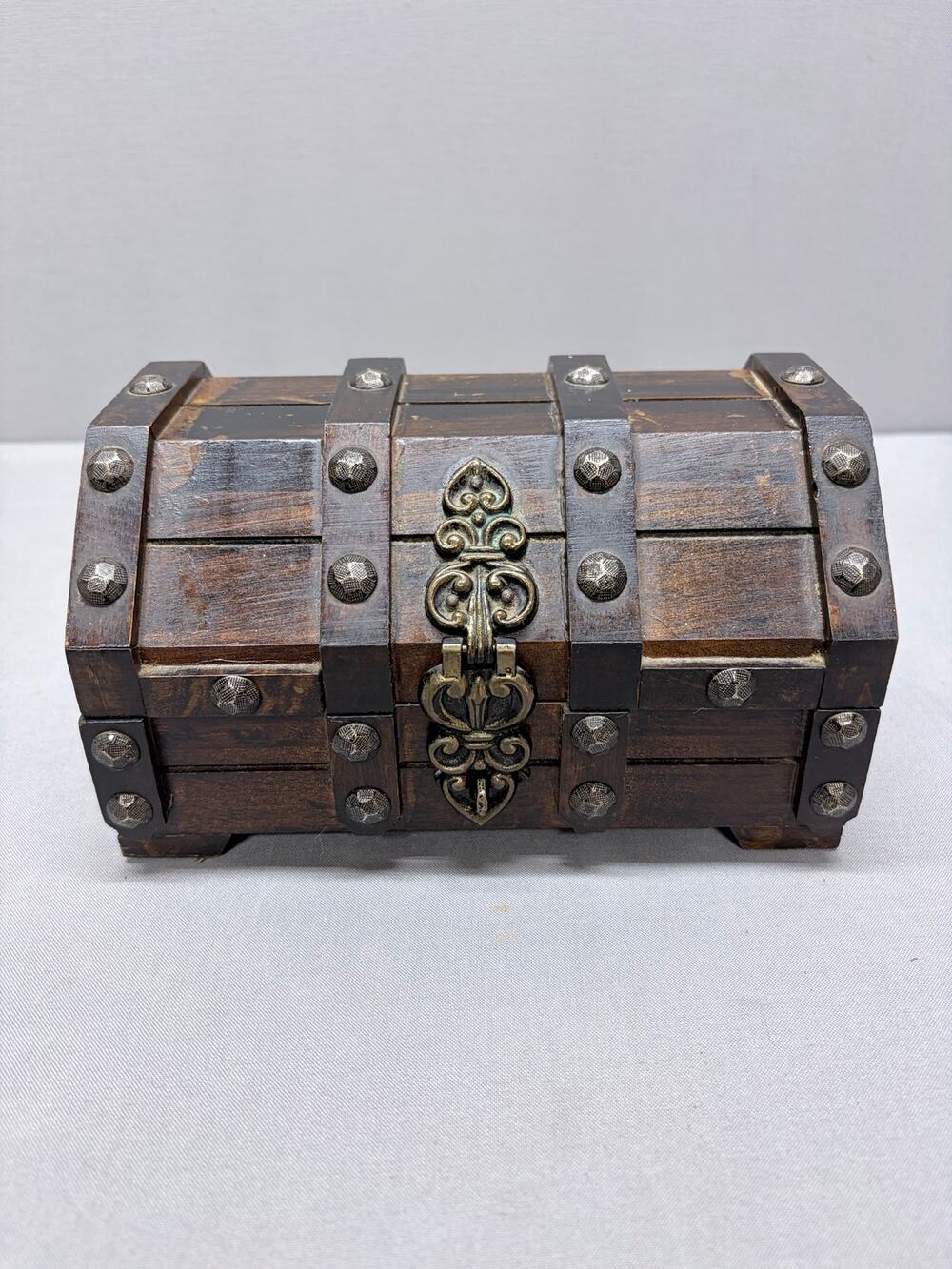 Vintage 1970 Wood Treasure Chest Jewelry Box Studded Trunk Mustard Yellow Velvet
